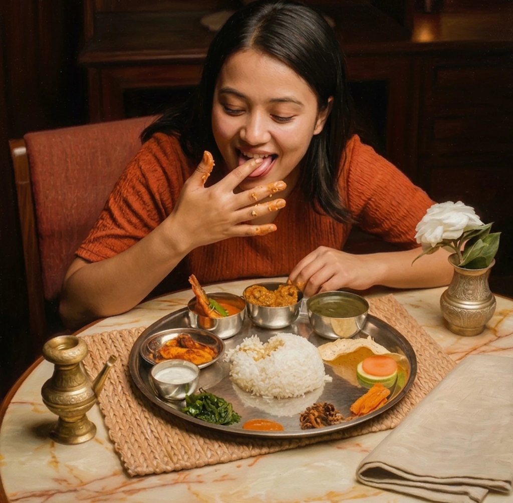 Server taking an order on a tablet at a Thakali restaurant table